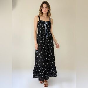 NEW Baevely Anthropologie Black Romantic Floral Lace Tiered Maxi Dress, Small